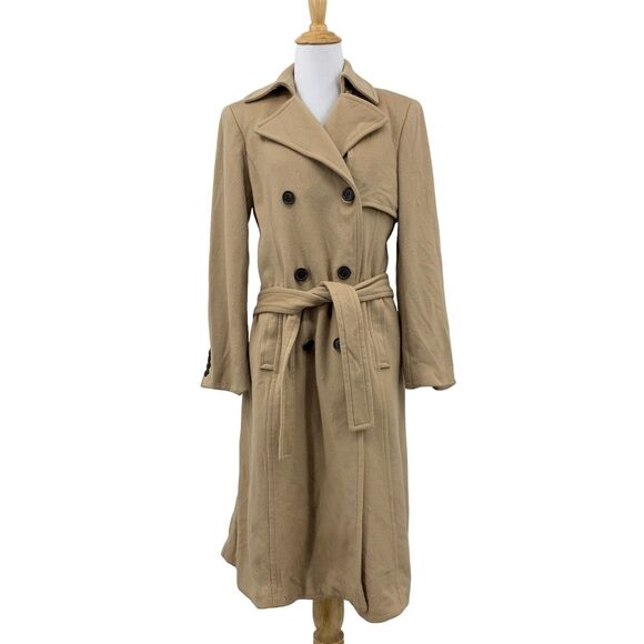 J Crew Trench Coat Women 4 Camel Wool Satin Shoulder Pads Blazer *READ CONDITION - Picture 1 of 16